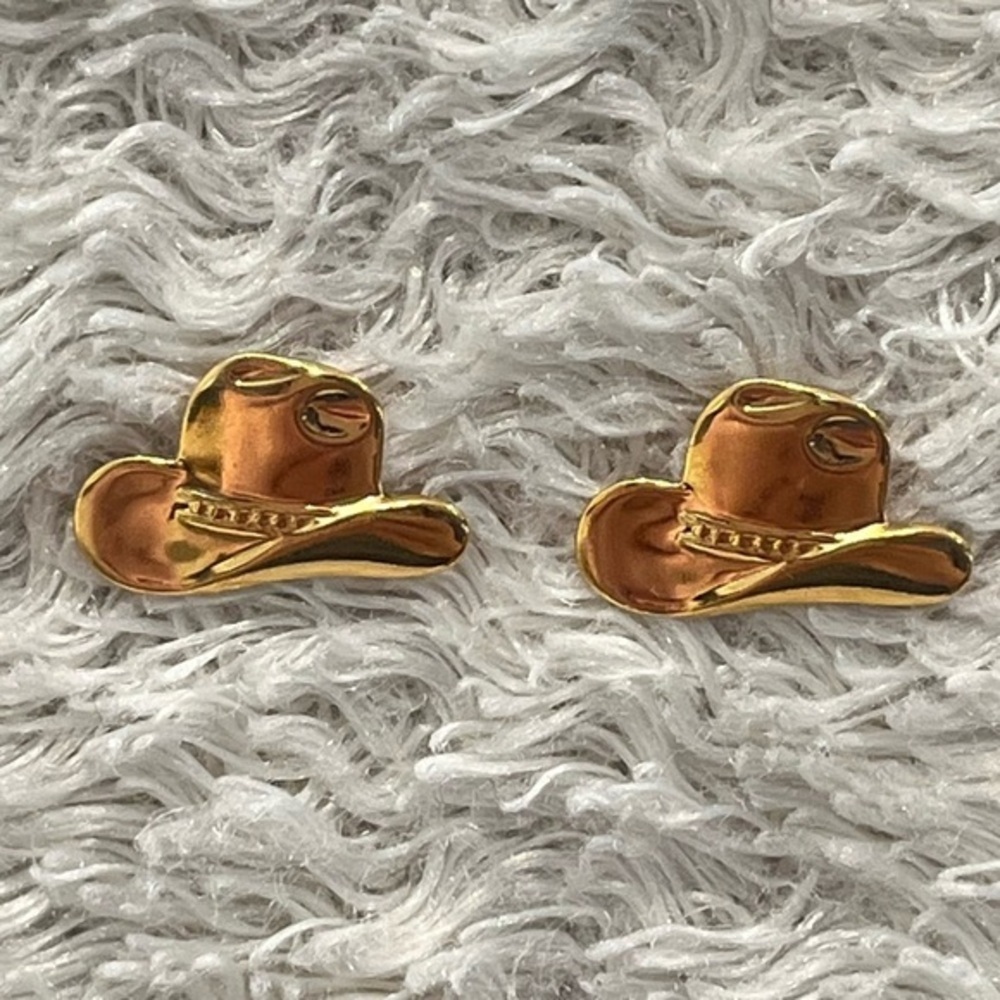 Mini Western Cowboy Hat Postback Earrings Goldtone Vintage